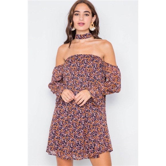 NAVY MUSTARD FLORAL PRINT SHEER MINI DRESS - Picture 3 of 5